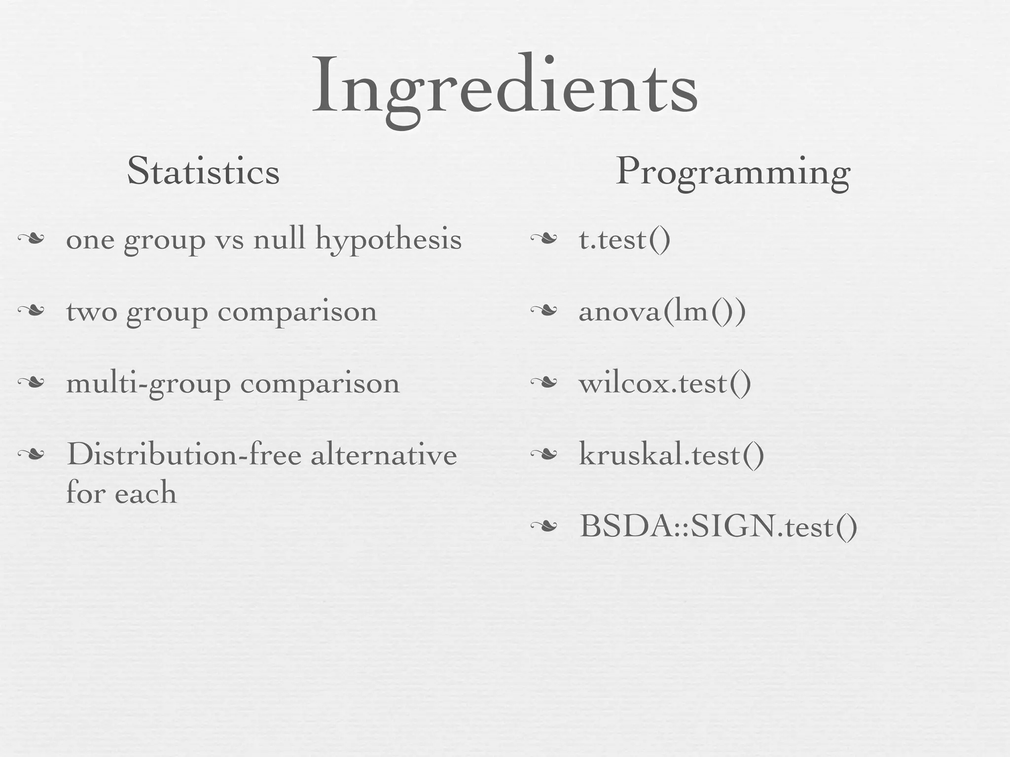 Ingredients
         Statistics                          Programming
n   one group vs null hypothesis    n   Creating a new variable

n   two group comparison            n   t.test()

n   multi-group comparison          n   wilcox.test()

n   Distribution-free alternative   n   anova(lm())
     for each
                                     n   kruskal.test()

                                     n   BSDA::SIGN.test()
 