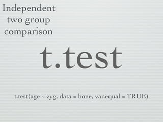 Independent
  two group
 comparison


           t.test
  t.test(age ~ zyg, data = bone, var.equal = TRUE)
 