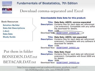 Download comma-separated and Excel




 Put them in folder
BONEDEN.DAT.txt
BETACAR.DAT.txt
        http://www.cengage.com/cgi-wadsworth/course_products_wp.pl?
                 ﬁd=M20bI&product_isbn_issn=9780538733496
 