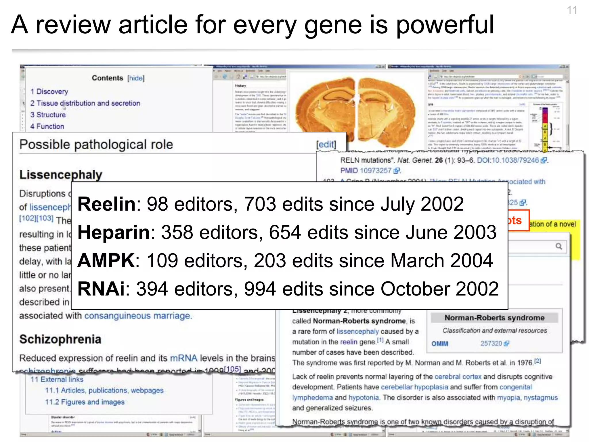 11
A review article for every gene is powerful




     Reelin: 98 editors, 703 edits since July 2002
                                      Hyperlinks to related concepts
     Heparin: 358 editors, 654 edits since June 2003
     AMPK: 109 editors, 203 edits since March 2004
     RNAi: 394 editors, 994 edits since October 2002
                                               References to the literature
 