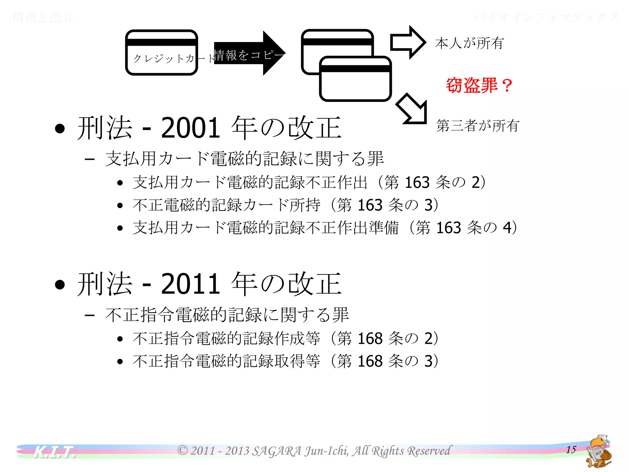 バイオインフォマティクス

情報と法令

クレジットカード

情報と法令

情報をコピー

本人が所有

窃盗罪？

• 刑法 - 2001 年の改正

第三者が所有

– 支払用カード電磁的記録に関する罪
• 支払用カード電磁的記録不正作出（第 163 条の 2）
• 不正電磁的記録カード所持（第 163 条の 3）
• 支払用カード電磁的記録不正作出準備（第 163 条の 4）

• 刑法 - 2011 年の改正
– 不正指令電磁的記録に関する罪
• 不正指令電磁的記録作成等（第 168 条の 2）
• 不正指令電磁的記録取得等（第 168 条の 3）

K.I.T.

© 2011 - 2013 SAGARA Jun-Ichi, All Rights Reserved

15

 