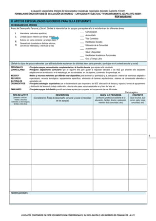 5
Evaluación Diagnóstica Integral de Necesidades Educativas Especiales (Decreto Supremo 170/09)
FORMULARIO ÚNICO SÍNTESIS DE EVALUACIÓN DE INGRESO – CAPACIDAD INTELECTUAL Y FUNCIONAMIENTO ADAPTATIVO (NEEP)
RUN estudiante:      
III APOYOS ESPECIALIZADOS SUGERIDOS PARA EL/LA ESTUDIANTE
NECESIDADES DE APOYOS
Áreas del Desempeño Personal y Social: Señale la intensidad de los apoyos que requiere el o la estudiante en las diferentes áreas:
I:
L:
E:
G:
Intermitente (naturaleza episódica)
Limitado (apoyo intensivo por tiempo limitado)
Extenso (en varios contextos y a la largo plazo)
Generalizado (constante en distintos entornos,
con elevada intensidad y a través de la vida)
    Comunicación
    Autocuidado
    Vida Doméstica
    Habilidades Sociales
    Utilización de la Comunidad
    Autodirección
    Salud y Seguridad
    Habilidades Académicas Funcionales
    Ocio y Tiempo Libre
(Señale los tipos de apoyos relevantes que el/la estudiante requiere en las distintas áreas para aprender y participar en el contexto escolar y social)
PERSONALES Principales apoyos personalizados complementarios a la función docente, que requiere el/la estudiante.
CURRICULARES Principales adaptaciones curriculares que se requiere el/la para ajustar la respuesta educativa a las NEE que presenta el/la estudiante:
adaptaciones en la evaluación, en la metodología, en las actividades, en los objetivos y contenidos de aprendizaje, etc
MEDIOS Y
RECURSOS
MATERIALES
Medios y recursos materiales que deberán estar disponibles para favorecer su aprendizaje y la participación: material de enseñanza adaptado o
especializado, recursos tecnológicos, equipamientos específicos, eliminación de barreras arquitectónicas, sistemas de comunicación alternativo o
aumentativo, etc
ORGANIZATIVOS Principales estrategias organizativas que se implementarán para responder a las NEE: adecuación de tiempos y espacios; formas de agrupamiento
y distribución del alumnado; trabajo colaborativo y tutoría entre pares; apoyos especiales en y fuera del aula, etc.
FAMILIARES Principales apoyos de la familia que el/la estudiante requiere para progresar en la superación de sus dificultades.
Fecha registro:      
TIPO DE APOYO
(personal, curricular,
medios y recursos
materiales y/o tecnológicos,
familiar, entre otros)
DESCRIPCIÓN
(Considerando Áreas de desempeño personal y social e intensidad
de los apoyos)
QUIÉN LO PROVEERÁ
(profesor/a, profesional asistente de la
educación., familiar, director, sostenedor,
miembro de la comunidad, otro)
CONTEXTO
(aula recursos, aula
común, patio, hogar,
comunidad, otro)
                       
                       
                       
                       
                       
                       
OBSERVACIONES:
     
LOS DATOS CONTENIDOS EN ESTE DOCUMENTO SON CONFIDENCIALES, SU DIVULGACIÓN O USO INDEBIDO ES PENADA POR LA LEY
 