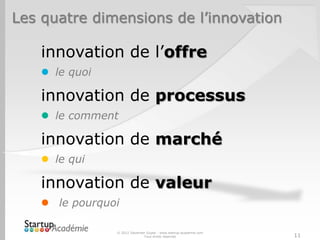 Les quatre dimensions de l’innovation

    innovation de l’offre
     le quoi

    innovation de processus
     le comment

    innovation de marché
     le qui

    innovation de valeur
     le pourquoi

                © 2012 Davender Gupta - www.startup-academie.com
                              Tous droits réservés                 11
 