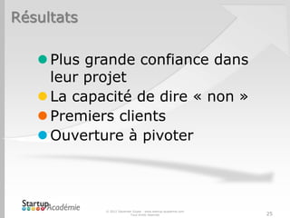 Résultats

    Plus grande confiance dans
     leur projet
    La capacité de dire « non »
    Premiers clients
    Ouverture à pivoter



            © 2012 Davender Gupta - www.startup-academie.com
                          Tous droits réservés                 25
 
