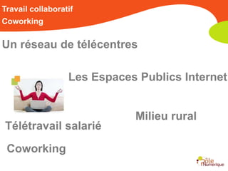 Travail collaboratif
Coworking


Un réseau de télécentres

                  Les Espaces Publics Internet


                             Milieu rural
Télétravail salarié
 Coworking
 