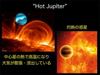 Hot Jupiter


                      灼熱の惑星




中心星の熱で高温になり
大気が膨張・流出している
 
