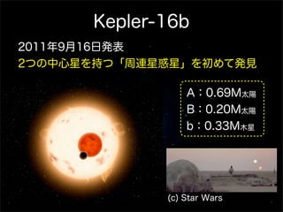 Kepler-16b
2011年9月16日発表
2つの中心星を持つ「周連星惑星」を初めて発見

                 A：0.69M太陽
                 B：0.20M太陽
                 b：0.33M木星




             (c) Star Wars
 