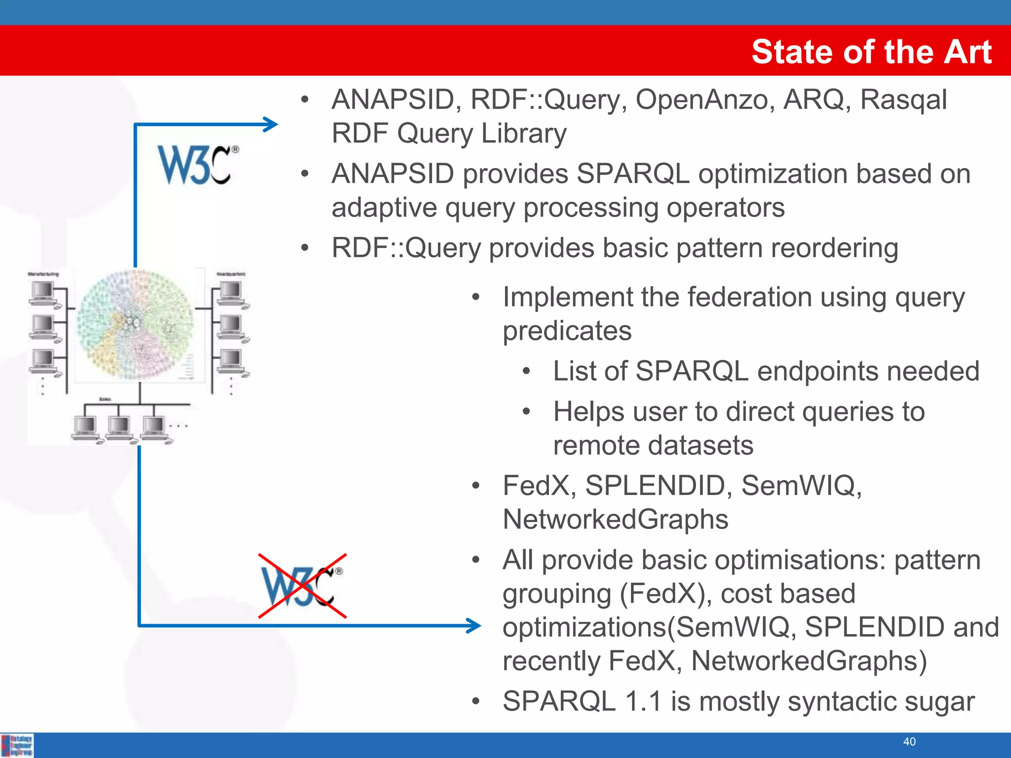 State of the Art
• ANAPSID, RDF::Query, OpenAnzo, ARQ, Rasqal
  RDF Query Library
• ANAPSID provides SPARQL optimization based on
  adaptive query processing operators
• RDF::Query provides basic pattern reordering
           • Implement the federation using query
             predicates
               • List of SPARQL endpoints needed
               • Helps user to direct queries to
                  remote datasets
           • FedX, SPLENDID, SemWIQ,
             NetworkedGraphs
           • All provide basic optimisations: pattern
             grouping (FedX), cost based
             optimizations(SemWIQ, SPLENDID and
             recently FedX, NetworkedGraphs)
           • SPARQL 1.1 is mostly syntactic sugar
                                             40
 