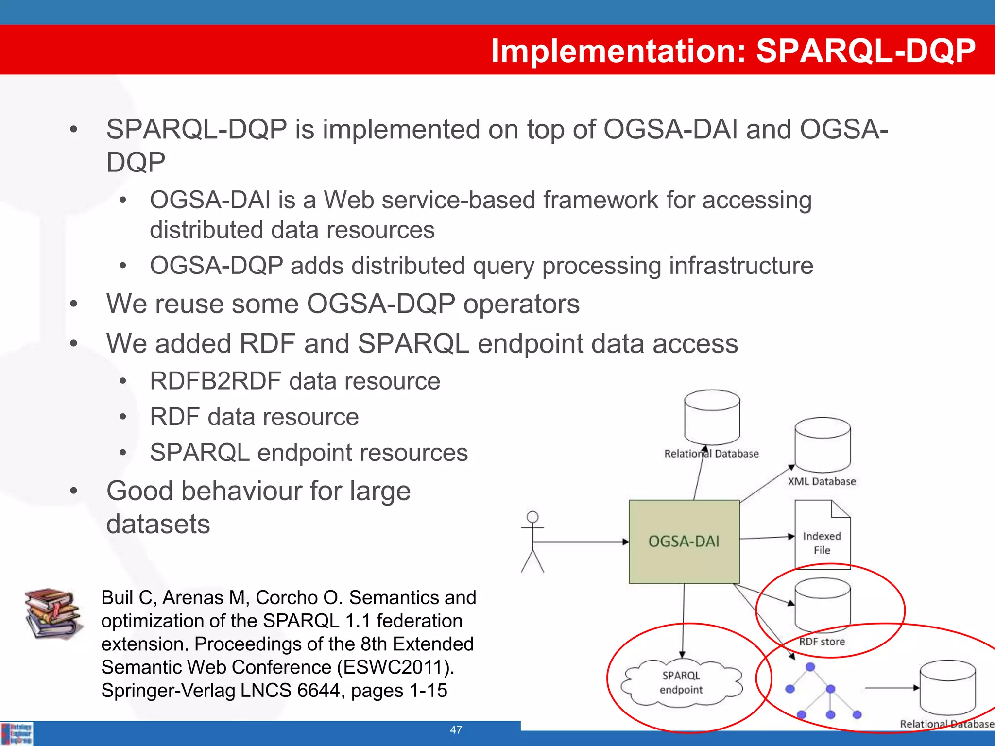 Implementation: SPARQL-DQP

• SPARQL-DQP is implemented on top of OGSA-DAI and OGSA-
  DQP
   • OGSA-DAI is a Web service-based framework for accessing
     distributed data resources
   • OGSA-DQP adds distributed query processing infrastructure
• We reuse some OGSA-DQP operators
• We added RDF and SPARQL endpoint data access
   • RDFB2RDF data resource
   • RDF data resource
   • SPARQL endpoint resources
• Good behaviour for large
  datasets

  Buil C, Arenas M, Corcho O. Semantics and
  optimization of the SPARQL 1.1 federation
  extension. Proceedings of the 8th Extended
  Semantic Web Conference (ESWC2011).
  Springer-Verlag LNCS 6644, pages 1-15
                                         47
 