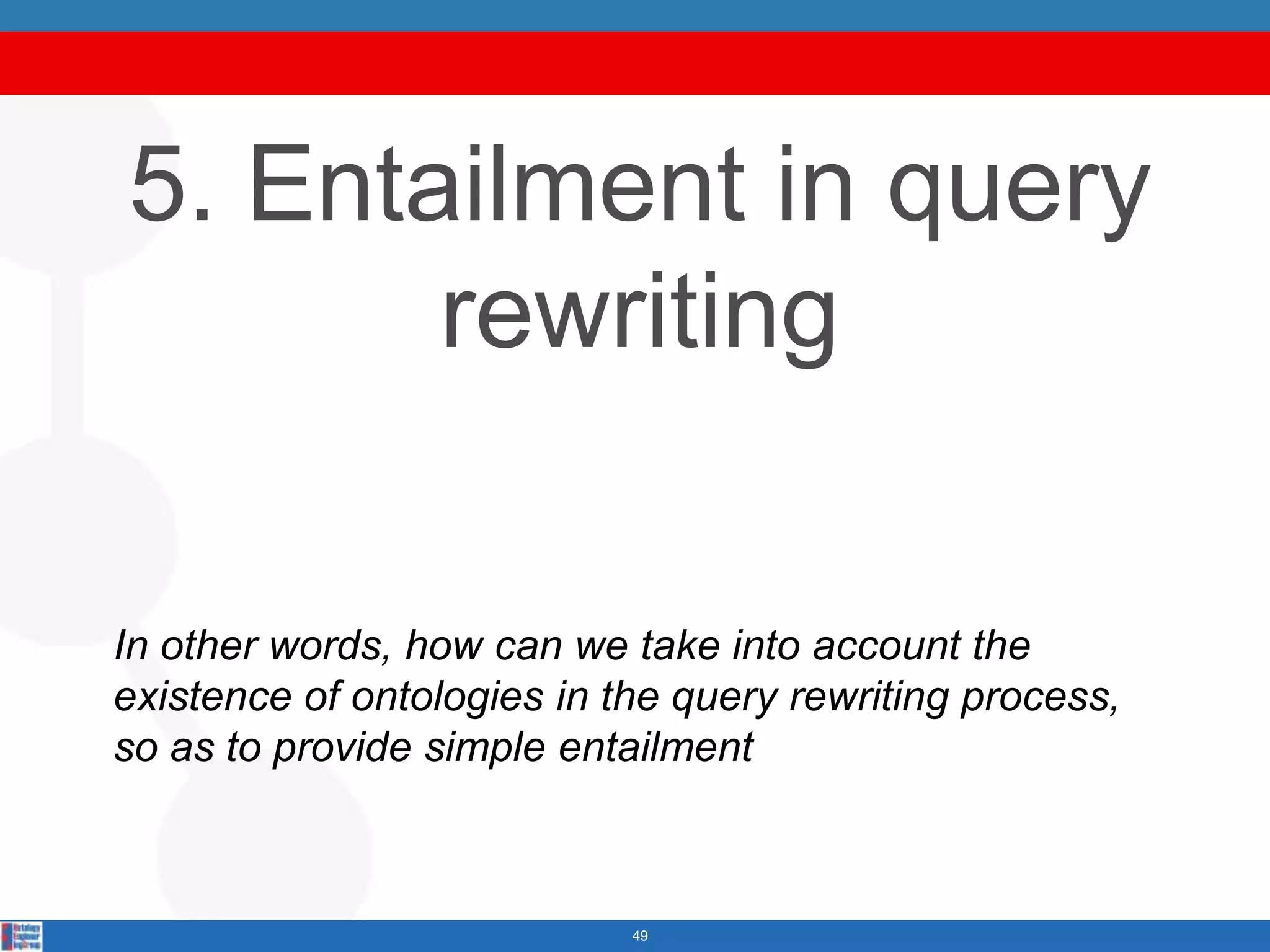 5. Entailment in query
       rewriting

In other words, how can we take into account the
existence of ontologies in the query rewriting process,
so as to provide simple entailment



                            49
 