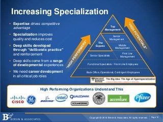Increasing Specialization
 Expertise drives competitive
                                                                Top
  advantage                                                  Management

 Specialization improves                                         Senior
  quality and reduces cost                                      Management
                                                     The
 Deep skills developed                            Experts              Middle
                                                                      Management
  through “deliberate practice”
  and reinforcement                           Senior Specialists
                                                                            First Line
                                                                           Management
 Deep skills come from a range
                                            Functional Specialists / Front-Line Employees
  of developmental experiences
 We need career development               Back Office, Operational, Contingent Employees
  in all critical job roles


                  High Performing Organizations Understand This




                                             Copyright © 2012 Bersin & Associates. All rights reserved.   Page 10
 