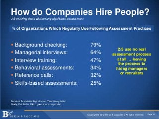 How do Companies Hire People?
2/3 of hiring done without any significant assessment


% of Organizations Which Regularly Use Following Assessment Practices



   Background checking:                                   79%
                                                                                    2/3 use no real
   Managerial interviews:                                 64%                   assessment process
   Interview training:                                    47%                     at all … leaving
                                                                                    the process to
   Behavioral assessments:                                34%                     hiring managers
                                                                                     or recruiters
   Reference calls:                                       32%
   Skills-based assessments:                              25%


Bersin & Associates High-Impact Talent Acquisition
Study, Fall 2010, 158 organizations responded



                                                        Copyright © 2012 Bersin & Associates. All rights reserved.   Page 18
 
