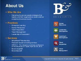 About Us
 Who We Are
   •   Delivering the proven people strategies that
       leaders and their organizations need to deliver
       exceptional business results.

 Practices                                                                           Human
   •   Enterprise Learning                                                            Resources
   •   Human Resources
   •   Talent Acquisition                                                             Leadership
   •   Talent Management                                                              Development

   •   Leadership & Succession
                                                                                      Learning &
 Services                                                                            Development

   •   WhatWorks® Membership
   •   Research-based consulting services                                             Talent
                                                                                      Acquisition
   •   IMPACT: The industry’s premiere conference
       on the Business of Talent, April 22-24, 2013
   •   BersinInsights®                                                                Talent
   •   BersinBasics®                                                                  Management




                                                         Copyright © 2012 Bersin & Associates. All rights reserved.   Page 2
 