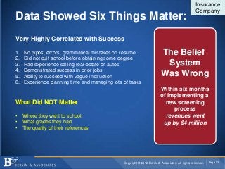 Insurance
                                                                                                   Company
Data Showed Six Things Matter:
Very Highly Correlated with Success

1.   No typos, errors, grammatical mistakes on resume.                     The Belief
2.   Did not quit school before obtaining some degree
3.   Had experience selling real-estate or autos                            System
4.   Demonstrated success in prior jobs
5.   Ability to succeed with vague instruction                             Was Wrong
6.   Experience planning time and managing lots of tasks
                                                                          Within six months
                                                                          of implementing a
What Did NOT Matter                                                         new screening
                                                                               process
•    Where they went to school                                              revenues went
•    What grades they had                                                  up by $4 million
•    The quality of their references




                                                Copyright © 2012 Bersin & Associates. All rights reserved.   Page 22
 