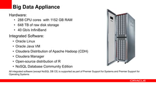 Big Data Appliance
Hardware:
       • 288 CPU cores with 1152 GB RAM
       • 648 TB of raw disk storage
       • 40 Gb/s ...