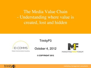 The Media Value Chain 
- Understanding where value is
   created, lost and hidden	



             TrinityP3

          October 4, 2012

           © COPYRIGHT 2012




                              marketing management consultants
 