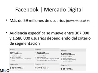 Facebook | Mercado Digital
• Más de 59 millones de usuarios (mayores 18 años)

• Audiencia específica se mueve entre 367.000
  y 1.580.000 usuarios dependiendo del criterio
  de segmentación
 