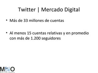 Twitter | Mercado Digital
• Más de 33 millones de cuentas

• Al menos 15 cuentas relativas y en promedio
  con más de 1.200 seguidores
 