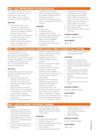 MS2 - FAST IMPROVEMENT KAIZEN SPECIALIST
“Do it better, improve it even if it ain’t        metodologia Lean Six Sigma               ••    	 s Principais ferramentas Lean
                                                                                                 A
broke, because if we don’t, we can’t         ••   	 ominar as principais ferramentas
                                                  D                                              (VSM/Diagramas da Cadeia de
compete with those who do.”                       da qualidade utilizadas durante as             valor, Diagramas Causa Efeito,
Fonte “Kaizen: the key to Japan’s                 diversas fases do Kaizen                       FMEA, Mapa Transacional, IPO,
competitive success”, Masaaki Imai           ••   	 onhecer as técnicas para facilitar
                                                  C                                              SIPOC, Pick Chart, Brainstorming,
                                                  eventos e ultrapassar a resistência à          Mistake Proofing, Histogramas,
OBJETIVOS                                         mudança                                        Pareto e gráficos de controlo)
••   	 ompreender como o Lean
     C                                                                                     ••    	 écnicas de facilitação de equipas
                                                                                                 T
                                             PROGRAMA                                      ••   	Documentação Kaizen
     Six Sigma e os eventos Fast
     Improvement Kaizen (FIK) podem          ••   	 rincípios Lean
                                                  P                                        ••    	 PIs e PIs para controlar e melhorar
                                                                                                 K
     melhorar os processos produtivos,       ••   	 rincípios Six Sigma
                                                  P                                              processos
     logísticos e documentais                ••   	ntegração Lean Six Sigma
                                                  I
                                                                                           DURAÇÃO E HORÁRIO
••   	 onhecer e praticar o método Lean
     C                                       ••   	 efinições e características dos FIK;
                                                  D
     Six Sigma para reduzir custos e         ••   	 aizen Road Map (Preparação,
                                                  K                                        24 horas - 09h00 às 18h00
     aumentar a produtividade                     Equipas, Responsabilidades,
••   	 reparar especialistas para definir,
     P                                            Planeamento, Execução,                   INVESTIMENTO
     liderar e acompanhar eventos                 Acompanhamento, Conclusão e              570€ + IVA
     “Kaizen” de acordo com a                     Sustentação)


MS3 - SHOP FLOOR KAIZENS (GEMBA KAIZEN, SMED E KANBAN PULL SYSTEM)
“A visual workplace is a work                ••   	 elhorar a qualidade do produto ou
                                                  M                                             mais uma fonte de variabilidade e
environment that is self-ordering, 	              serviço e aumentar a vida útil das            de falta de produtividade.
self-explaining, self-regulating and 	            máquinas e ferramentas;
self-improving – where what is supposed      ••   	 rganizar o espaço físico de
                                                  O                                        PROGRAMA:
to happen does happen, on time, every             trabalho de acordo o fluxo do            ••   	 aracterísticas e princípios do
                                                                                                C
time, because of visual solutions.”               processo;                                     Gemba Kaizen, SMED e Kanban
Fonte: “Visual Workplace, Visual             ••   	 ermitir um controlo fácil do WIP
                                                  P                                        ••   	 étodos de preparação, execução e
                                                                                                M
Thinking”, Dr. Gwendolyn                          por parte da gestão;                          controlo do Gemba Kaizen, SMED e
                                             ••   	 onhecer e praticar os métodos
                                                  C                                             Kanban
OBJETIVOS                                         Kanban para reduzir stocks/              ••   	 uditorias de sustentabilidade da
                                                                                                A
Compreender como melhorar processos               inventário, nivelar a produção,               mudança (Balanced Scorecard)
de trabalho utilizando o Gemba Kaizen             eliminar tempos de espera, eliminar      ••   	 perações internas e operações
                                                                                                O
(5S/6S), e assim:                                 a sobreprodução e melhorar a                  externas
•• 	 erar um ambiente limpo e
     G                                            produtividade;                           ••   	 pstream / Downstream product
                                                                                                U
     ordenado, onde exista um lugar          ••   	 ntender e treinar as técnicas
                                                  E                                             flow
     para tudo e tudo esteja no seu               SMED para reduzir tempos de              ••   	 álculo do takt time e dos níveis
                                                                                                C
     lugar	 eduzir atividades sem valor
          R                                       preparação de equipamentos                    kanban
     acrescentado;                                e dispositivos periféricos
•• 	 eduzir o tempo de orientação e
     R                                            dos postos de trabalho, que              DURAÇÃO E HORÁRIO
     de treino para novos trabalhadores           constituem atividades de valor não       16 horas - 09h00 às 18h00
     ou trabalhadores provenientes de             acrescentado e que nos dias de
     outras áreas das empresas;                   hoje, e à medida que as unidades         INVESTIMENTO
•• 	 eduzir erros de colaboradores e
     R                                            por lote vão diminuindo pela procura
                                                                                           390€ + IVA
     fornecedores;                                por parte dos clientes de processos
•• 	 elhorar a utilização do espaço;
     M                                            Just In Time, representam cada vez


MS4 - LEAN SIX SIGMA LEADERSHIP TRAINING
OBJETIVOS                                    ••   	 ompreender qual o papel e as
                                                  C                                             equipas de gestão no caminho para
                                                  responsabilidades das equipas de              a excelência operacional
••   	 nquadrar os colaboradores com
     E
                                                  gestão em processos de melhoria          ••   	dentificação e priorização de
                                                                                                I
     responsabilidades de gestão e os
                                                  Lean Six Sigma                                oportunidades
     líderes das empresas de como o
                                                                                           ••   	 estão de Kaizens
                                                                                                G
     Lean Six Sigma pode melhorar a          PROGRAMA
     produtividade, diminuir os custos                                                     DURAÇÃO E HORÁRIO
     e aumentar a competitividade das        ••   	 caminho e as etapas para a
                                                  O
                                                  excelência operacional                   8 horas - 09h00 às 18h00
                                                                                                                                         TRAIN2901 (2012/11/14)




     organizações
••   	 struturar a forma como o Lean
     E                                       ••   	 egras dos projetos Lean Six Sigma
                                                  R
                                             ••   	 strutura da organização 	
                                                  E                                        INVESTIMENTO
     Six Sigma pode ser aplicado nas
     organizações                                 Lean Six Sigma                           190€ + IVA
                                             ••   	 papel e a responsabilidade das
                                                  O
 