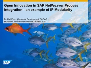 Open Innovation in SAP NetWeaver Process
Integration - an example of IP Modularity

Dr. Karl Popp, Corporate Development, SAP AG
Münchner Innovationskonferenz, Oktober 2012
 