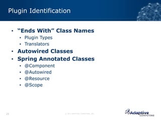 Plugin Identification


     ▪ “Ends With” Class Names
       ▪ Plugin Types
       ▪ Translators
     ▪ Autowired Classes
     ▪ Spring Annotated Classes
       ▪   @Component
       ▪   @Autowired
       ▪   @Resource
       ▪   @Scope




25                      © 2012 ADAPTIVE COMPUTING, INC.
 