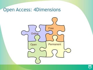 Open Access: 4Dimensions


                    Free

           Online



           Open     Permanent
 