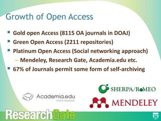 Growth of Open Access
   Gold open Access (8115 OA journals in DOAJ)
   Green Open Access (2211 repositories)
   Platinum Open Access (Social networking approach)
     – Mendeley, Research Gate, Academia.edu etc.
   67% of Journals permit some form of self-archiving
 