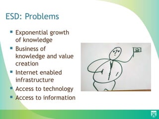 ESD: Problems
   Exponential growth
    of knowledge
   Business of
    knowledge and value
    creation
   Internet enabled
    infrastructure
   Access to technology
   Access to information
 