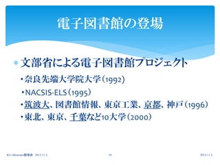 電子図書館の登場

    文部省による電子図書館プロジェクト
        ・奈良先端大学院大学（1992)
        ・NACSIS-ELS（1995）
        ・筑波大、図書館情報、東京工業、京都、神戸（1996）
        ・東北、東京、千葉など10大学（2000）



KU-librarians勉強会 2012.11.2      10      2012.11.2.
 