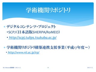 学術機関リポジトリ

 デジタルコンテンツ・プロジェクト
  ・SCPJ（日本語版SHERPA/RoMEO）
  ・ http://scpj.tulips.tsukuba.ac.jp/

 学術機関リポジトリ構築連携支援事業（平成17年度～）
    ・ http://www.nii.ac.jp/irp/



KU-librarians勉強会 2012.11.2        14     2012.11.2.
 