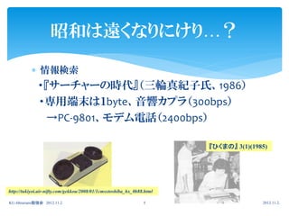 昭和は遠くなりにけり…？

           情報検索
              ・『サーチャーの時代』（三輪真紀子氏、1986）
              ・専用端末は１byte、音響カプラ（300bps）
                →PC-9801、モデム電話（2400bps）

                                                                        『ひくまの』 3(1)(1985)




http://tukiyoi.air-nifty.com/gekkou/2008/01/1cmsxtoshiba_hx_0b88.html

KU-librarians勉強会 2012.11.2                                      5                      2012.11.2.
 