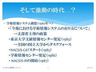 そして激動の時代…？

 学術情報システム構想（1980年～）
       ・「今後における学術情報システムの在り方について」
          →文部省主導の政策
       ・東京大学文献情報センター発足（1983）
          →全国の国立大学からタスクフォース
       ・NACSIS-CATスタート（1985）
       ・学術情報センター発足（1986）
       ・ NACSIS-IRの開始（1987）
KU-librarians勉強会 2012.11.2   7       2012.11.2.
 