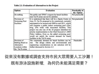 從來沒有數據或調查支持市民大   需要人工沙   ！
 既有游泳設施新增，為何仍未能滿足需要？
 