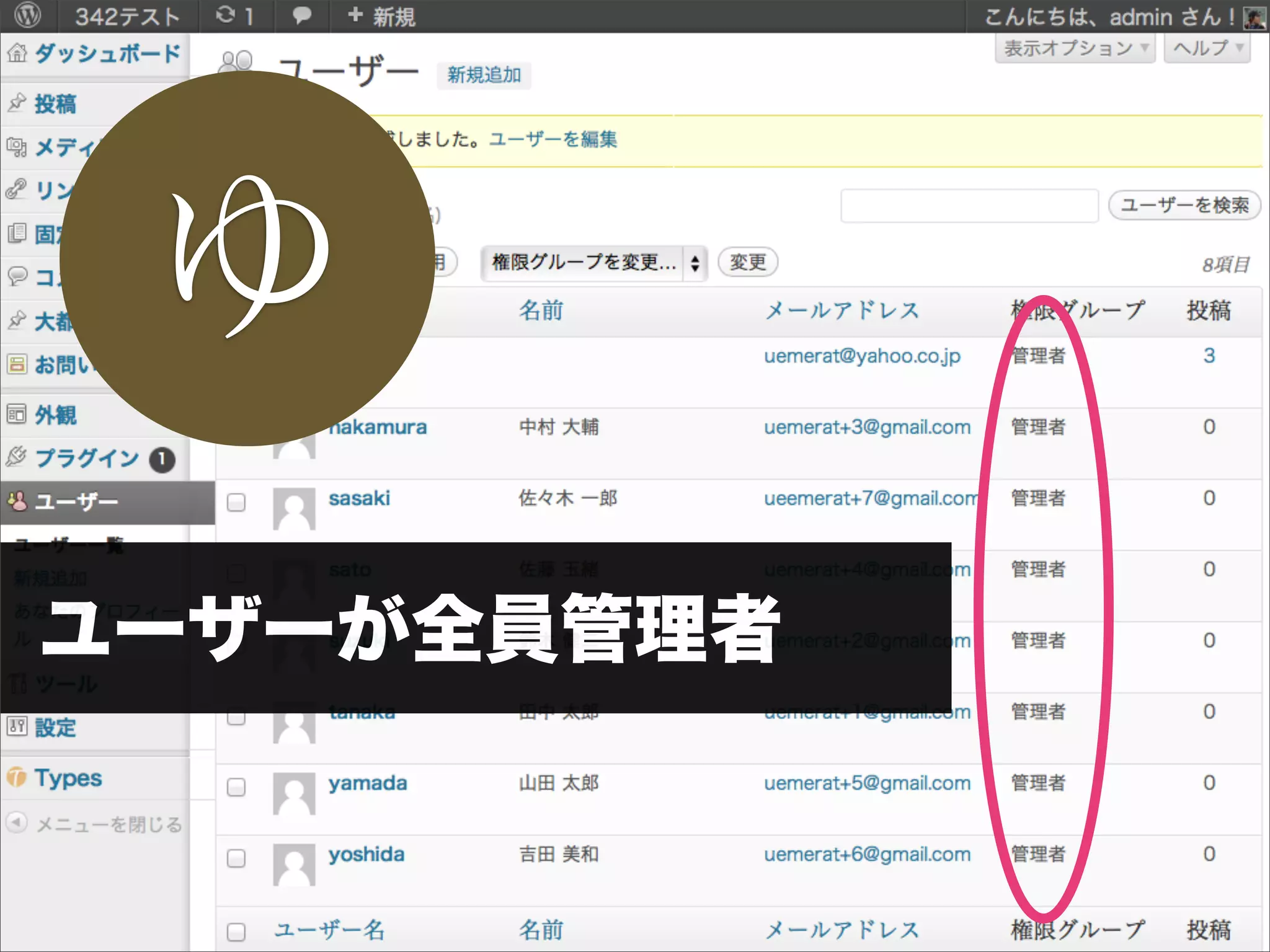 ゆ
ユーザーが全員管理者
 