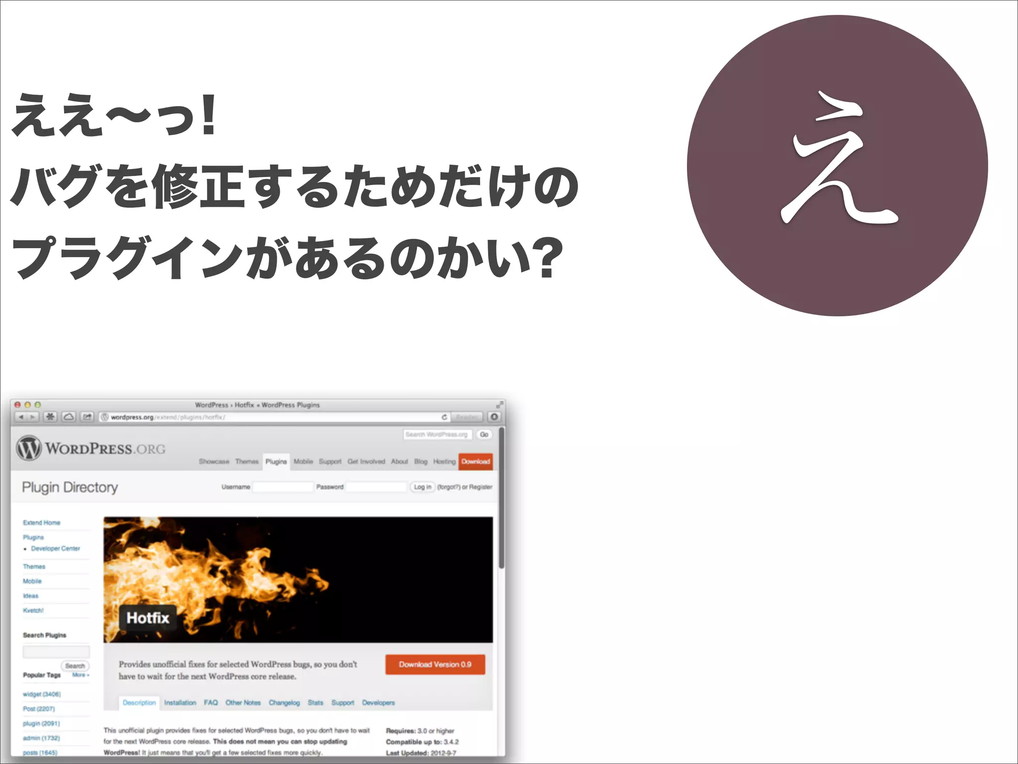 え
ええ∼っ!
バグを修正するためだけの
プラグインがあるのかい?
 