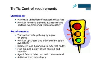 Traffic Control requirements

Challenges:
     Maximize utilization of network resources
     Monitor network element availability and
      perform workarounds when necessary

Requirements:
     Transaction rate policing by agent
      or group
     Monitor upstream and downstream agent
      availability
     Diameter load balancing to external nodes
     Fine grained policy-based routing and
      rejection
     Agent failure detection and route-around
     Active-Active redundancy
 