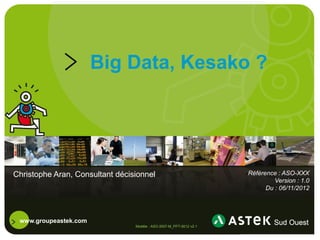 Big Data, Kesako ?




Christophe Aran, Consultant décisionnel                              Référence : ASO-XXX
                                                                              Version : 1.0
                                                                           Du : 06/11/2012




 www.groupeastek.com
                                 Modèle : ASO-2007-M_PPT-0012 v2.1
 