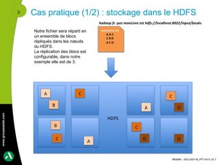 Cas pratique (1/2) : stockage dans le HDFS

                      Notre fichier sera réparti en
                      un ensemble de blocs
                      répliqués dans les nœuds
                      du HDFS.
                      La réplication des blocs est
                      configurable, dans notre
                      exemple elle est de 3.
www.groupeastek.com




                                                         Modèle : ASO-2007-M_PPT-0012 v2.1
 