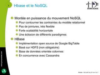 Hbase et le NoSQL


                      Montée en puissance du mouvement NoSQL
                        Pour contourner les contraintes du modèle relationnel
                        Pas de jointures, très flexible
                        Forte scalabilité horizontale
                        Une éclosion de différents paradigmes
                      HBase
                        Implémentation open source de Google BigTable
                        Basé sur HDFS (non obligatoire)
                        Base de données orientée colonnes
www.groupeastek.com




                        En concurrence avec Cassandra




                                                                       Modèle : ASO-2007-M_PPT-0012 v2.1
 