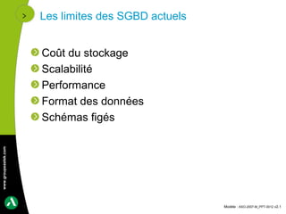 Les limites des SGBD actuels


                      Coût du stockage
                      Scalabilité
                      Performance
                      Format des données
                      Schémas figés
www.groupeastek.com




                                                     Modèle : ASO-2007-M_PPT-0012 v2.1
 