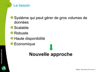 Le besoin


                      Système qui peut gérer de gros volumes de
                      données
                      Scalable
                      Robuste
                      Haute disponibilité
                      Economique
www.groupeastek.com




                              Nouvelle approche

                                                        Modèle : ASO-2007-M_PPT-0012 v2.1
 