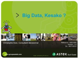 Big Data, Kesako ?




Christophe Aran, Consultant décisionnel                              Référence : ASO-XXX
                                                                              Version : 1.0
                                                                           Du : 06/11/2012




 www.groupeastek.com
                                 Modèle : ASO-2007-M_PPT-0012 v2.1
 