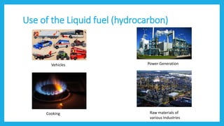 Use of the Liquid fuel (hydrocarbon)
Vehicles Power Generation
Cooking Raw materials of
various Industries
 