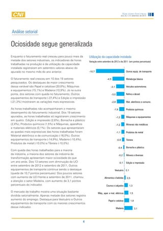 Indicadores Industriais
                                                                                                     Ano 23, n. 9, setembro de 2012




Análise setorial

Ociosidade segue generalizada
Enquanto o faturamento real cresceu para pouco mais da       Utilização da capacidade instalada
metade dos setores industriais, os indicadores de horas      Variação entre setembro de 2012 e de 2011 (em pontos percentuais)
trabalhadas na produção e de utilização da capacidade
instalada registraram em setembro valores abaixo do
apurado no mesmo mês do ano anterior.                        -10,7                                         Outros equip. de transporte

O faturamento real cresceu em 10 dos 19 setores                                 -4,5                       Metalurgia básica
pesquisados. Os destaques de maior crescimento
dessa variável são Papel e celulose (20,8%), Máquinas                               -3,1                   Veículos automotores
e equipamentos (15,1%) e Madeira (10,9%). Já na outra
ponta, dos setores com queda no faturamento, Outros                                    -3,0                Refino e álcool
equipamentos de transporte (-37,4%) e Edição e impressão
(-21,3%) mostraram as variações mais expressivas.                                      -2,8                Mat. eletrônico e comunic.

As horas trabalhadas não acompanharam o mesmo                                            -1,9              Produtos químicos
desempenho do faturamento industrial. Dos 19 setores
apurados, as horas trabalhadas só registraram crescimento                                     -1,2         Máquinas e equipamentos
em quatro: Edição e impressão (2,6%), Borracha e plástico
(2,4%), Produtos químicos (1,5%) e Máquinas, aparelhos                                        -1,2         Minerais não metálicos
e materiais elétricos (0,1%). Os setores que apresentaram
as quedas mais expressivas das horas trabalhadas foram                                        -1,1         Produtos de metal
Material eletrônico e de comunicação (-16,0%), Outros
equipamentos de transporte (-14,9%), Madeira (-10,4%),                                        -0,9         Têxteis
Produtos de metal (-10,0%) e Têxteis (-10,0%).
                                                                                                -0,4       Borracha e plástico
Com queda das horas trabalhadas para a maioria
da indústria, a maioria dos setores da indústria de                                             -0,2       Móveis e diversas
transformação apresentam maior ociosidade do que
um ano atrás. Dos 13 setores com diminuição da UCI                                              -0,1       Edição e impressão
entre setembro de 2012 e setembro de 2011, Outros
equipamentos de transporte continua sendo o destaque                                      Vestuário 0,1
(queda de 10,7 pontos percentuais). Dos poucos setores
com aumento da UCI frente a setembro de 2011, chamou                         Alimentos e bebidas            0,5
a atenção o setor Madeira, com aumento de 3,1 pontos
percentuais do indicador.                                                      Couros e calçados              1,3

O mercado de trabalho mostra uma situação bastante
                                                                      Máq., apar. e mat. elétricos             1,5
dividida setorialmente. Apenas metade dos setores registra
aumento do emprego. Destaque para Vestuário e Outros                             Papel e celulose                 1,8
equipamentos de transporte com os maiores crescimentos
desse indicador.                                                                              Madeira                   3,1




                                                       4
 