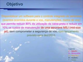Objetivo

Disponibilizar um software para o controle integrado da aeronave
 (eventos ocorridos durante o voo, manutenções, dados de voo)
que permita reduzir 80% da utilização da caixa-preta e reduzir em
 10% os custos de manutenção de uma aeronave MSJ (mid-size
  jet), sem comprometer a segurança de voo, com lançamento
                     previsto para dez/2013.



                                                      Legenda:
                                                      S – Specific;
                                                      M – Measurable;
                                                      A – Attainable;
                                                      R – Realistic;
                                                      T – Timely
 