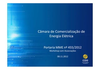 Câmara de Comercialização de
      Energia Elétrica

   Portaria MME nº 455/2012
      Workshop com Associações

             08.11.2012
 