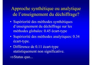 Approche synthétique ou analytique
de l’enseignement du déchiffrage?
• Supériorité des méthodes synthétiques
  d’enseignement du déchiffrage sur les
  méthodes globales: 0.45 écart-type
• Supériorité des méthodes analytiques: 0.34
  écart-type.
• Différence de 0.11 écart-type
  statistiquement non significative.
⇒Status quo...
 