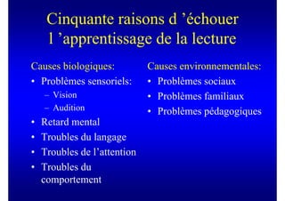 Cinquante raisons d ’échouer
     l ’apprentissage de la lecture
Causes biologiques:           Causes environnementales:
• Problèmes sensoriels:       • Problèmes sociaux
    – Vision                  • Problèmes familiaux
    – Audition                • Problèmes pédagogiques
•   Retard mental
•   Troubles du langage
•   Troubles de l’attention
•   Troubles du
    comportement
 
