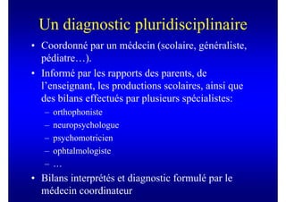 Un diagnostic pluridisciplinaire
• Coordonné par un médecin (scolaire, généraliste,
  pédiatre…).
• Informé par les rapports des parents, de
  l’enseignant, les productions scolaires, ainsi que
  des bilans effectués par plusieurs spécialistes:
   –   orthophoniste
   –   neuropsychologue
   –   psychomotricien
   –   ophtalmologiste
   –   …
• Bilans interprétés et diagnostic formulé par le
  médecin coordinateur
 