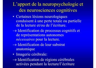 L’apport de la neuropsychologie et
   des neurosciences cognitives
• Certaines lésions neurologiques
  conduisent à une perte totale ou partielle
  de la lecture et/ou de l’écriture.
→ Identification de processus cognitifs et
  de représentations autonomes
  nécessaires pour la lecture.
→ Identification de leur substrat
  anatomique
• Imagerie cérébrale:
→ Identification de régions cérébrales
  activées pendant la lecture/l’écriture
 